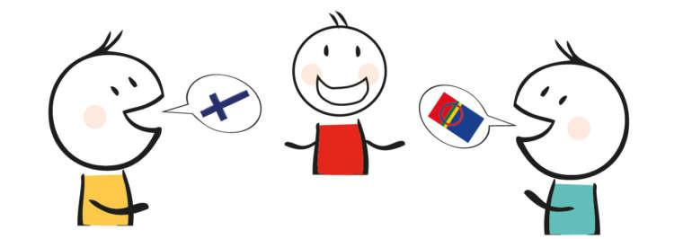 Kuvituskuva kolmesta hahmosta, joista yhdellä on puhekuplassa suomen lippu, yhdellä saamen. Kolmas hahmo on keskellä.