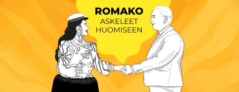 Kuvitus, jossa teksti "Romako-askeleet huomiseen". Nainen valmistujaislakki päässä ja todistus kädessä kättelee miestä.