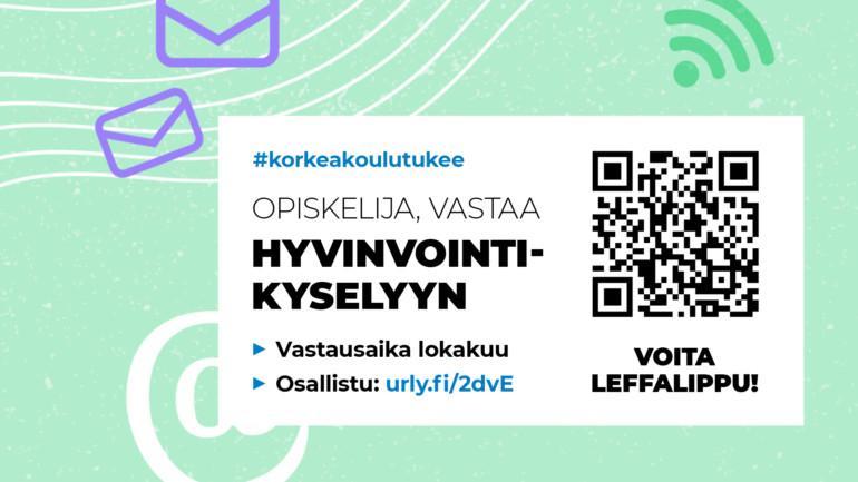 Hyvinvointikyselyn mainosteksti vihreällä taustalla.