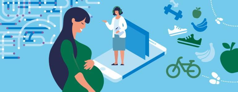 Digillä terveysvalmennusta -hankkeen visuaalinen ilme, kuvituskuva: raskaana oleva äiti, terveellisiä elementtejä: ruokaa, liikuntaa. Lisäksi digimaailmaa ja terveydenhoitaja kuvattuna.