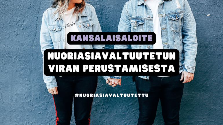 Kaksi nuorta pitää käsistä kiinni, teksti "Kansalaisaloite nuoriasiavaltuutetun viran perustamisesta".