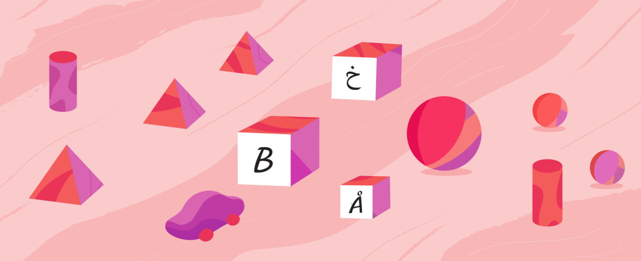 Kirjainpalikoita irrallaan, piirroskuva.