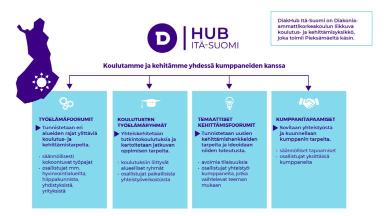 DiakHub Itä-Suomi kouluttaa ja kehittää yhdessä kumppaneiden kanssa. Sen toiminta koostuu työelämäfoorumeista, koulutusten työelämäryhmistä, temaattisista kehittämisfoorumeista ja kumppanitapaamisista. Työelämäfoorumeissa tunnistetaan eri alueiden rajat ylittäviä koulutus- ja kehittämistarpeita. Koulutusten työelämäryhmissä yhteiskehitetään tutkintokoulutuksia ja kartoitetaan jatkuvan oppimisen tarpeita. Temaattisissa kehittämisfoorumeissa tunnistetaan uusien kkehittämishankkeiden tarpeita ja ideoidaan niiden toteutusta. Kumppanitapaamisissa sovitaan yhteistyöstä ja kuunellaan kumppanin tarpeita.