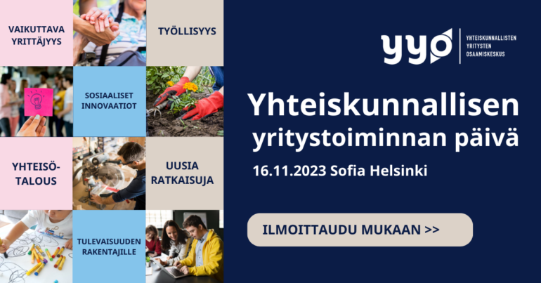 Yhteiskunnallisen yritystoiminnan päivä, erilaisia toimintakuvia mm. kukkien istutus, piirtäminen, mies tietokoneella, käsi kädessä vanhuksen kanssa.