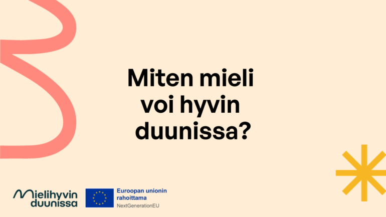 Graafisin elementein (liila asteriski, oranssi hymynaama) koristeltu Miten mieli voi hyvin duunissa -postaus, jossa EU-logo ja Mielihyvin duunissa -logo.