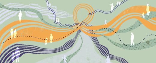 Piirroskuva, jossa eri suuntiin kulkevat värikkäät kaaret ja viivat risteävät keskikohdassa. Viivojen lomassa näkyy pieniä ihmishahmoja kävelemässä eri suuntiin.
