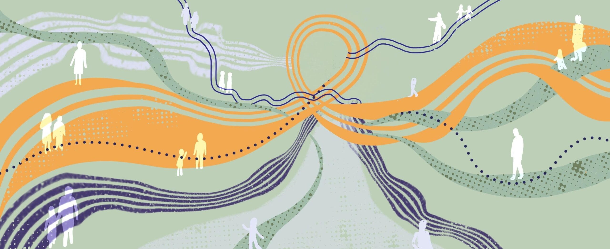 Piirroskuva, jossa eri suuntiin kulkevat värikkäät kaaret ja viivat risteävät keskikohdassa. Viivojen lomassa näkyy pieniä ihmishahmoja kävelemässä eri suuntiin.