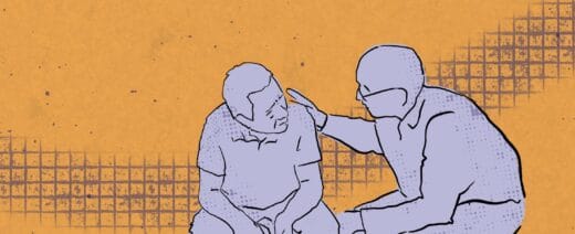 Piirroskuva, jossa kaksi ihmistä keskustelee. Toisen käsi on toisen olalla.