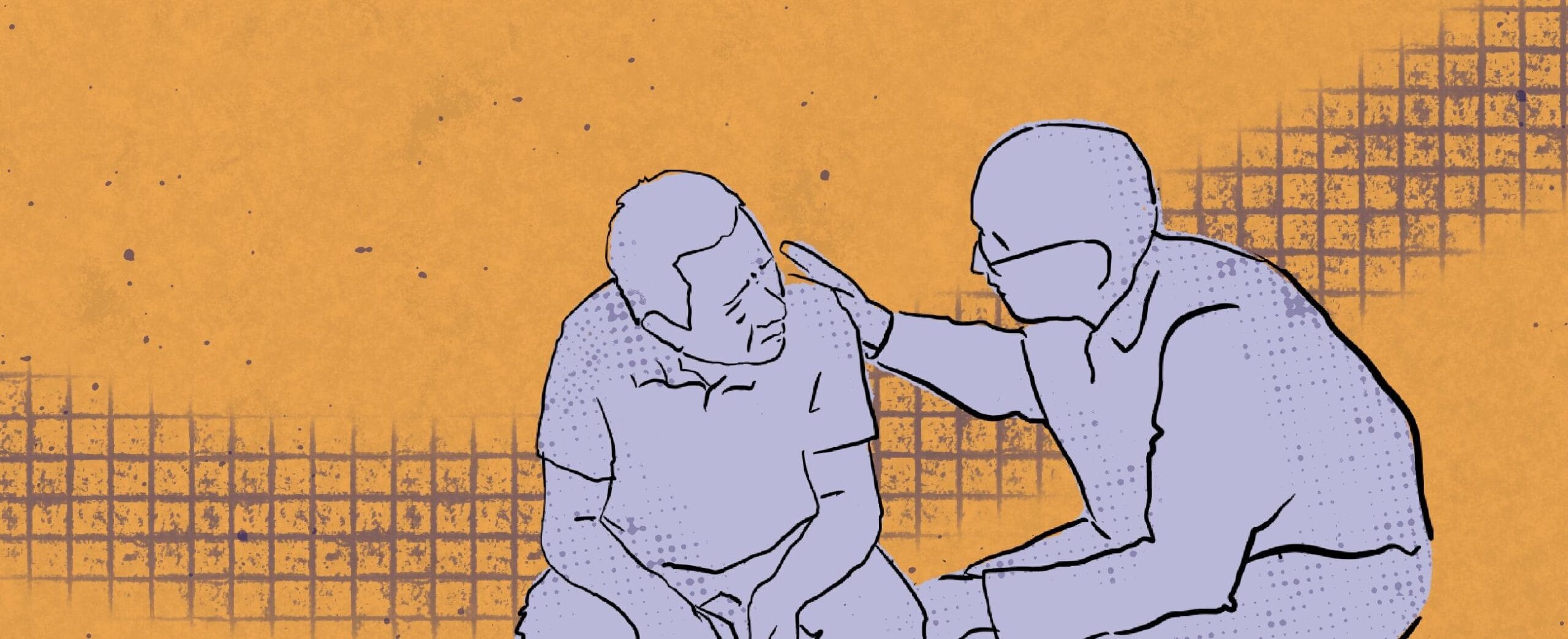 Piirroskuva, jossa kaksi ihmistä keskustelee. Toisen käsi on toisen olalla.