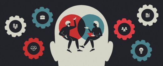 Kuvitus jossa ihmisen päässä ihmiset juttelevat. Taustalla symboleita eri puheaiheista.