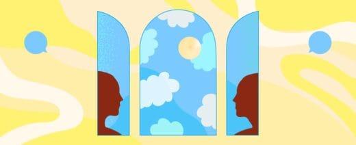 Piirroskuva, jossa kaari-ikkunoissa ihmishahmoja ja pilviä.