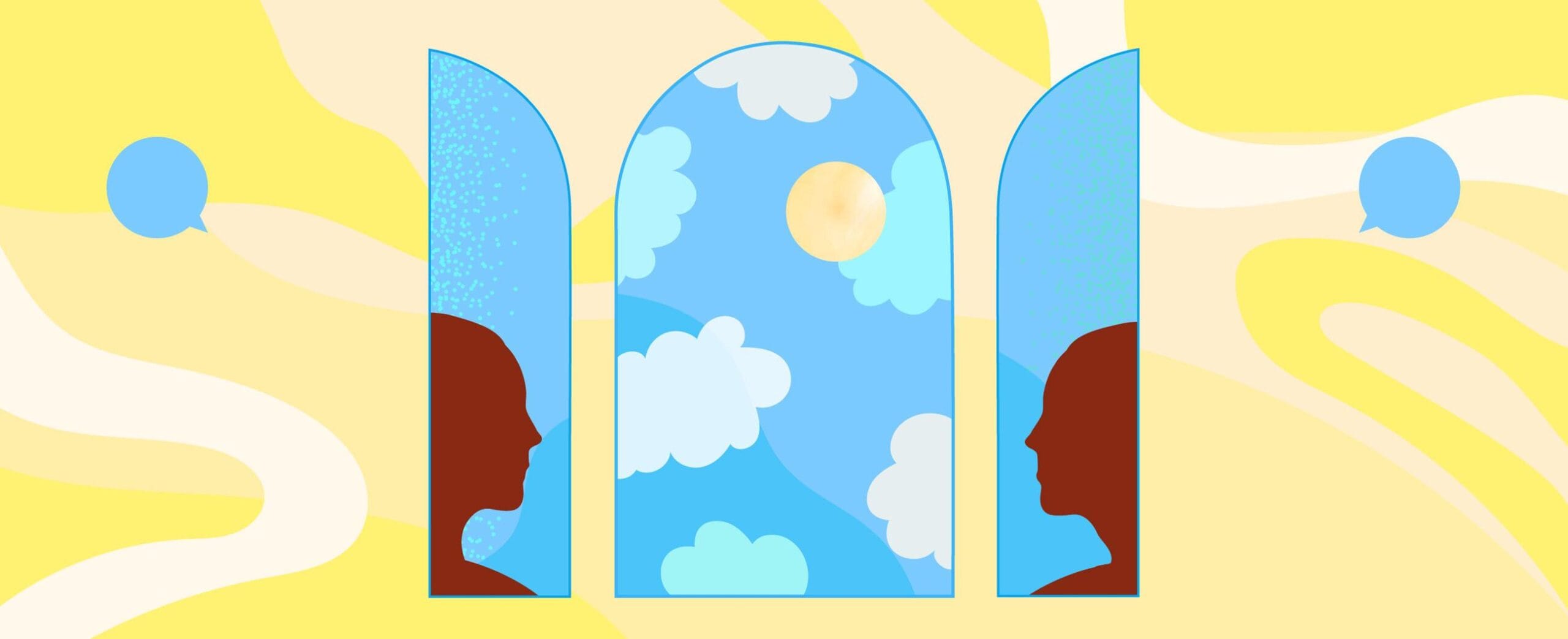 Piirroskuva, jossa kaari-ikkunoissa ihmishahmoja ja pilviä.
