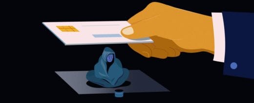 jossa käsi pitelee maksukorttia kerjäläishahmon yläpuolella