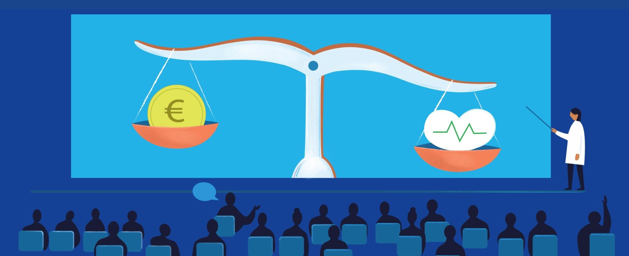 jossa valkotakkinen henkilö esittää kuvaa