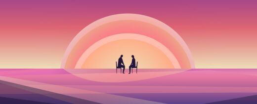 jossa auringonlasku ja kaksi ihmishahamoa istumassa tuoleilla sen edessä