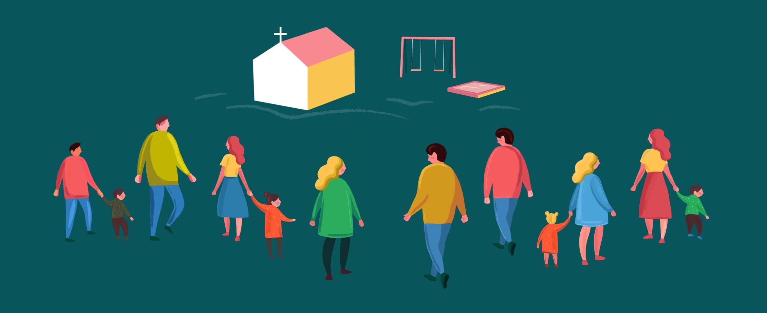 Piirroskuva, jossa lapsia ja aikuisia selin kohti kirkkoa ja leikkipaikkaa.