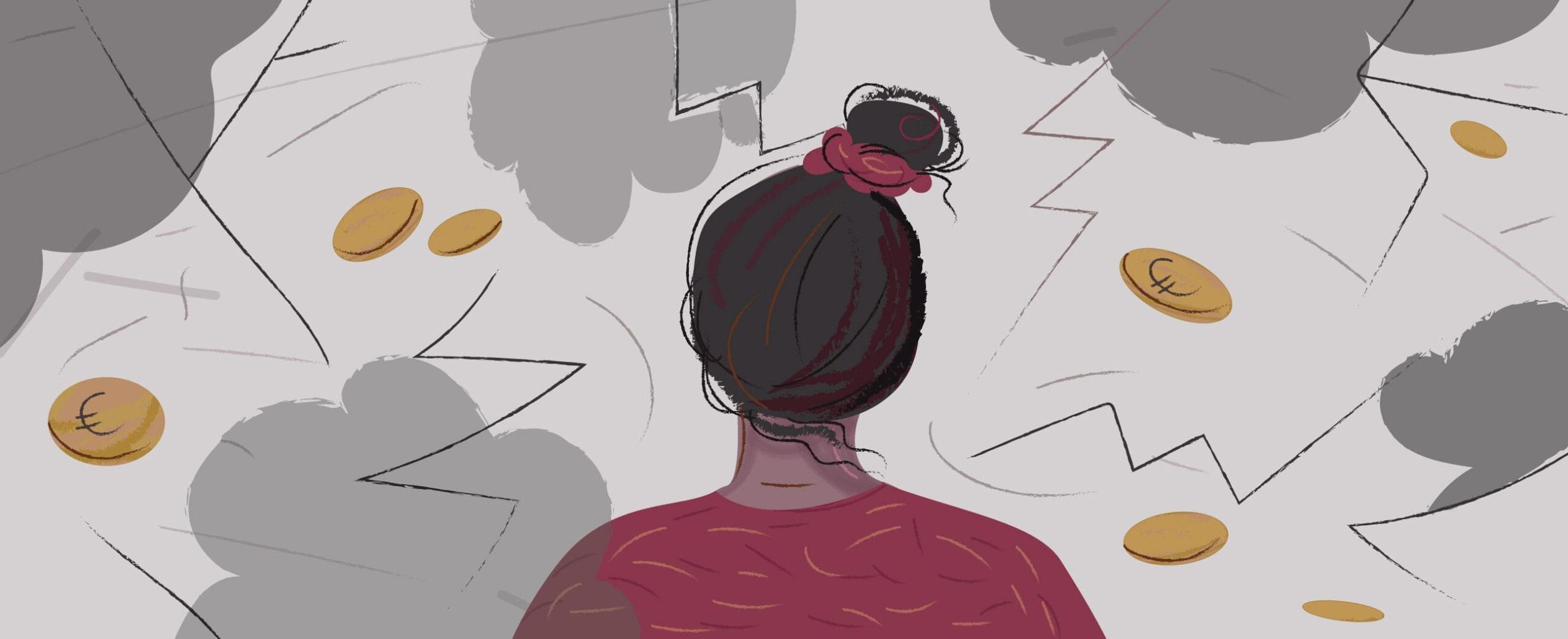 jossa nutturahiuksinen naishahmo seisoo selin.