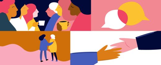 joka jaettu neljään osaan: vasemmalla ylhäällä ihmisiä kahvimukien kanssa