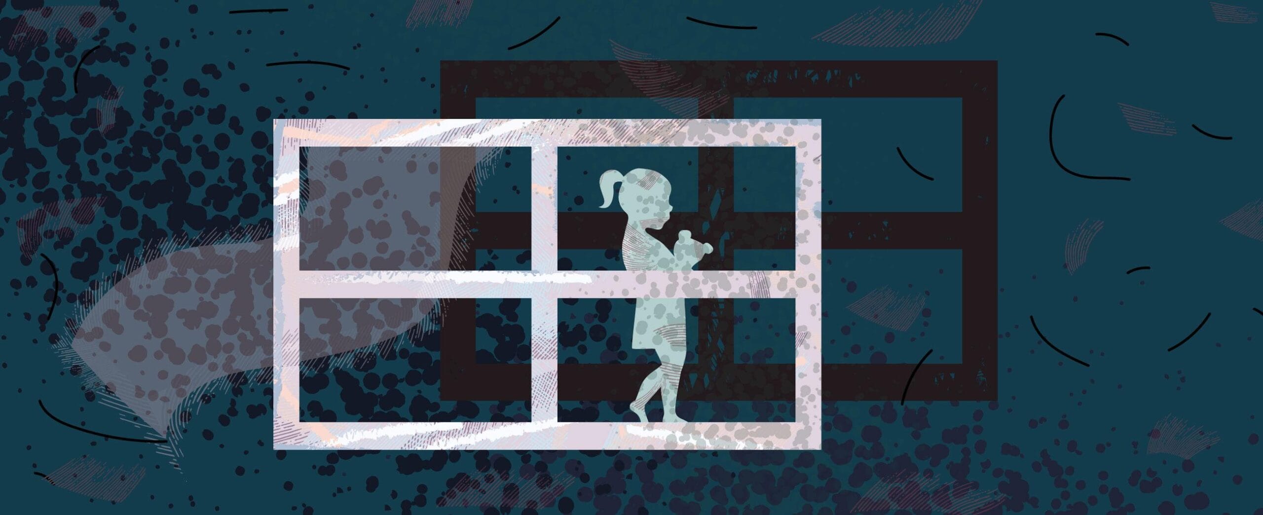 joka seisoo kahden ikkunaruutuseinän välissä.