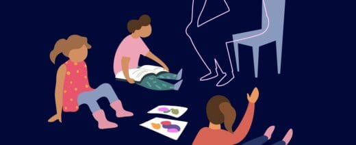 jossa lapsihahmoja lattialla ja tuolilla istumassa hahmo