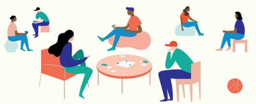 Piirretty kuva ihmishahmoista istuskelemassa rennosti pöydän ympärillä.