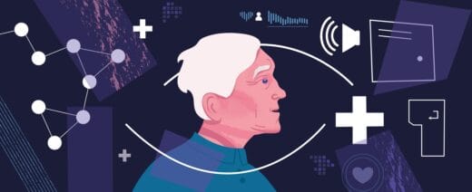 jossa vanha mieshahmo. Ympärillä kuvioita: sairaalaristejä