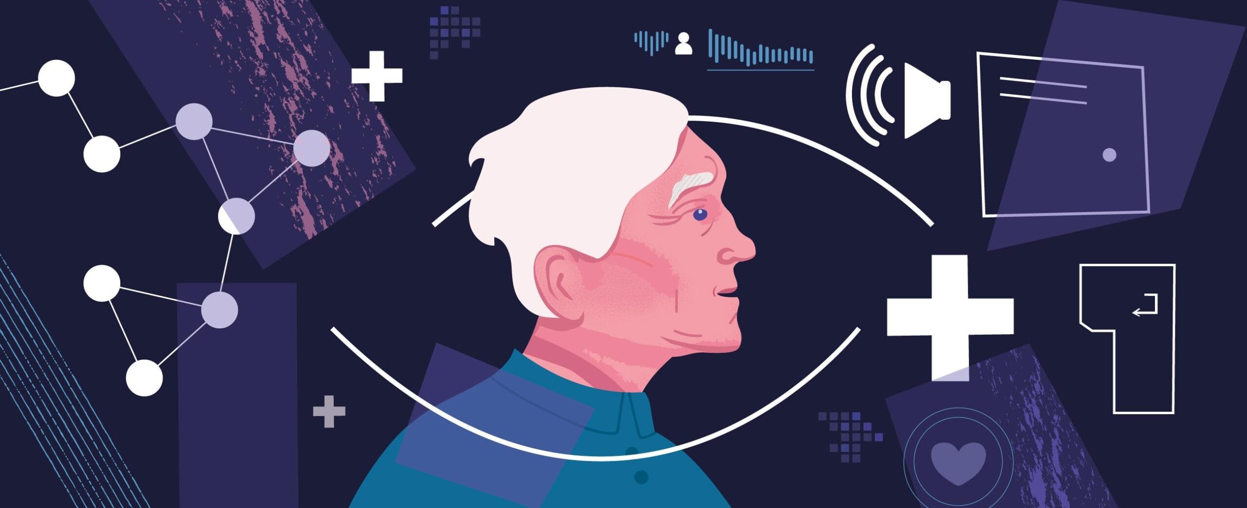 jossa vanha mieshahmo. Ympärillä kuvioita: sairaalaristejä