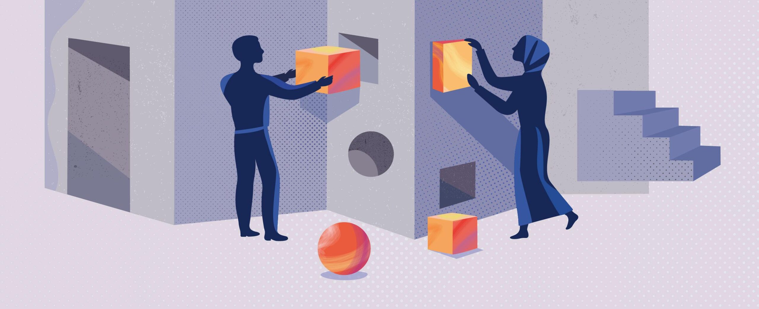 Piiroskuva jossa kaksi ihmistä sovittaa palikoita taloon