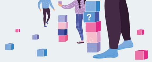 Ihmisiä ja palikoita.