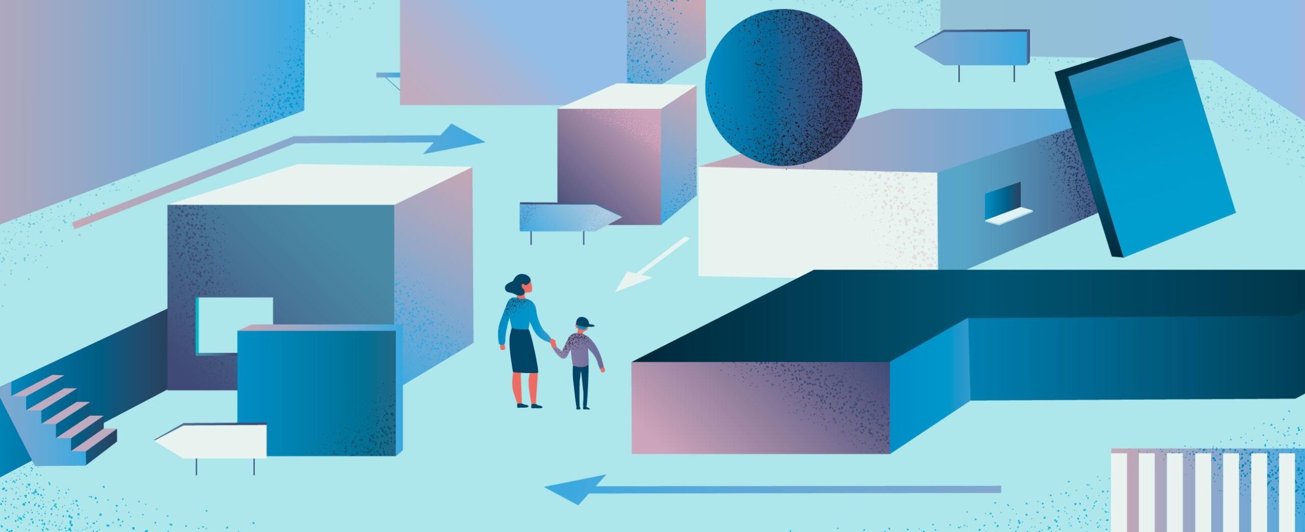 Aikuinen lapsen kanssa kävelemässä maailmassa.