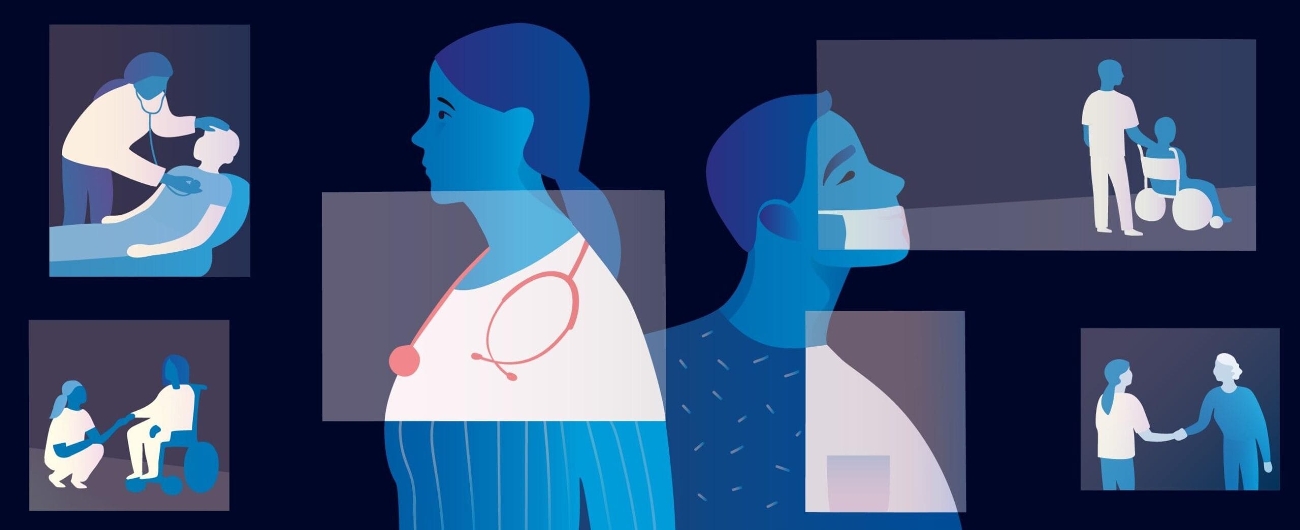 Sairaanhoitan työkuvaa kuvattuna eri tilanteissa.