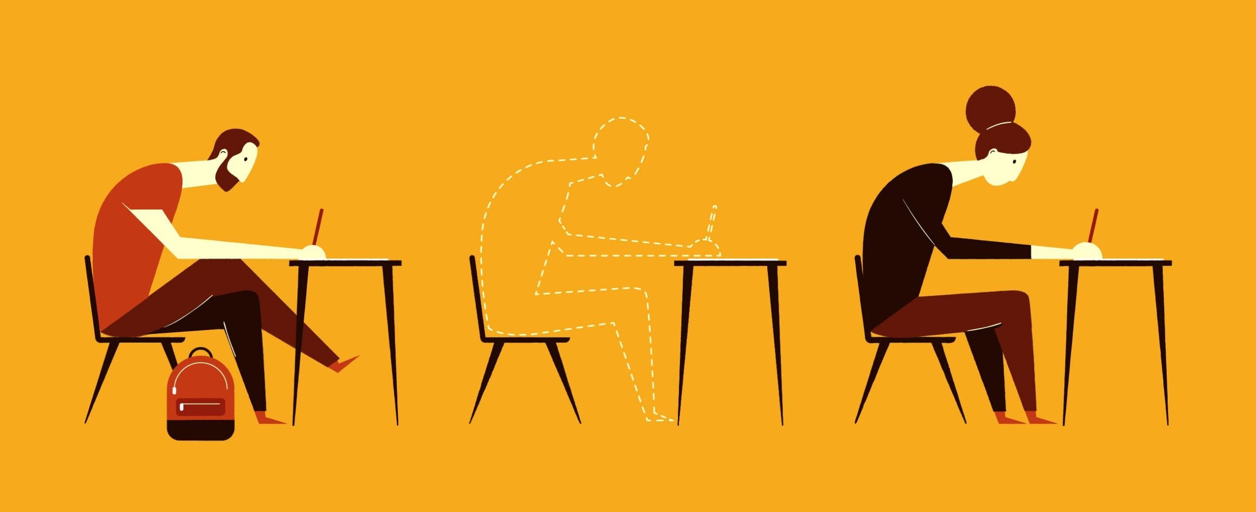 jossa peräkkäin kolme henkilöä kirjoittamassa työpöytien ääressä