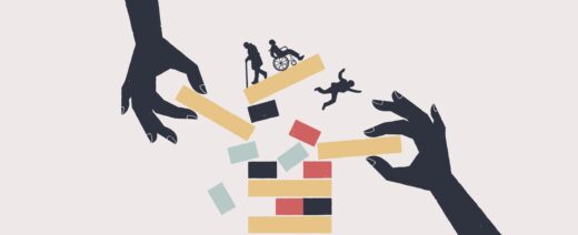 jossa kädet vetävät palikkatornista kaksi osaa pois ja tornin palaset putoilevat. Huipulla tyhjän päällä olevalla palikalla kävelykepin ja pyörätuolin kanssa liikkuvat hahmot