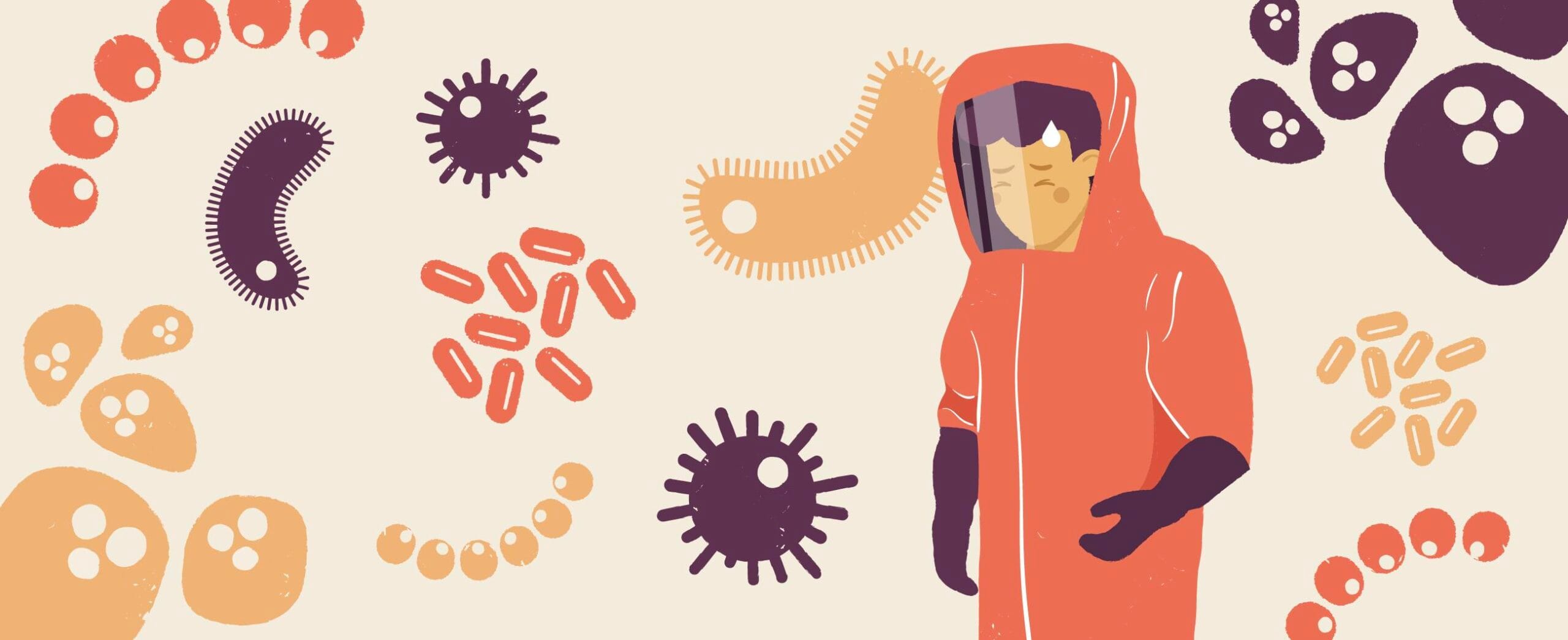 jossa suoja-asuun pukeutunut ihmishahmo