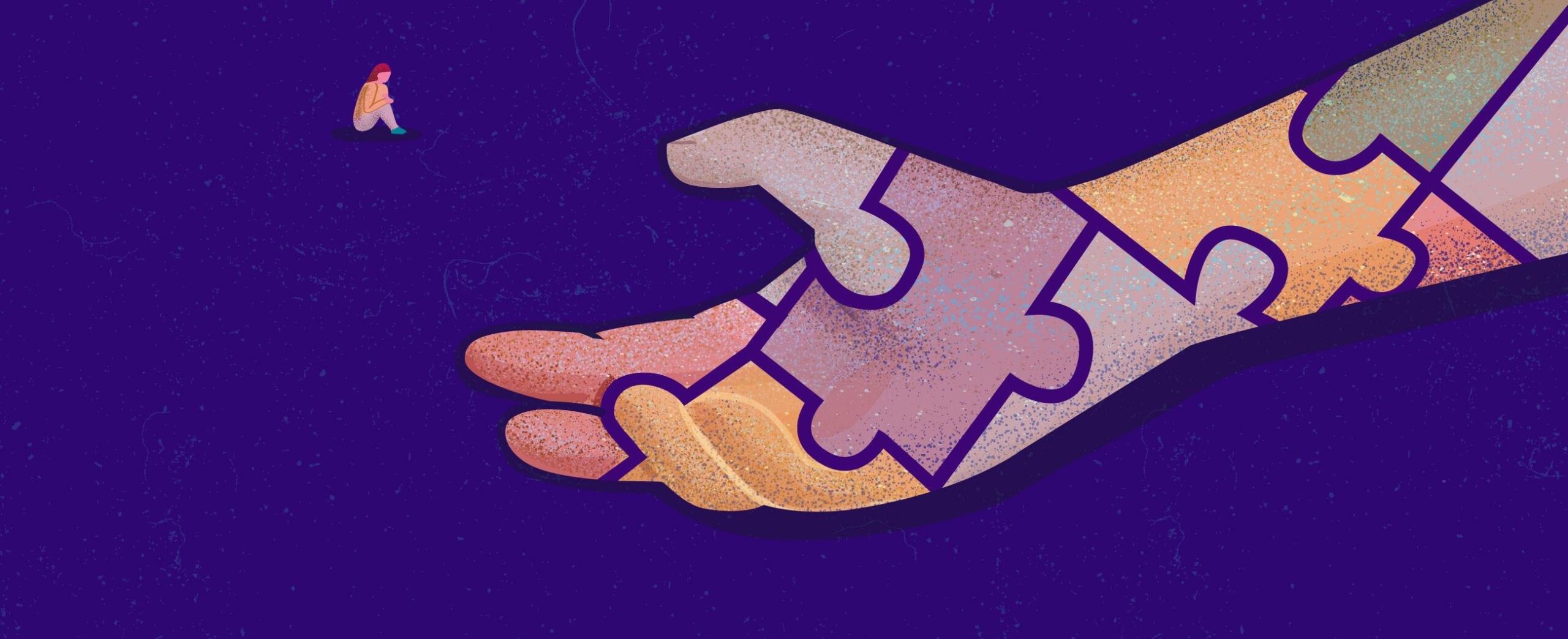 jossa palapelin paloista muodostuva käsi.