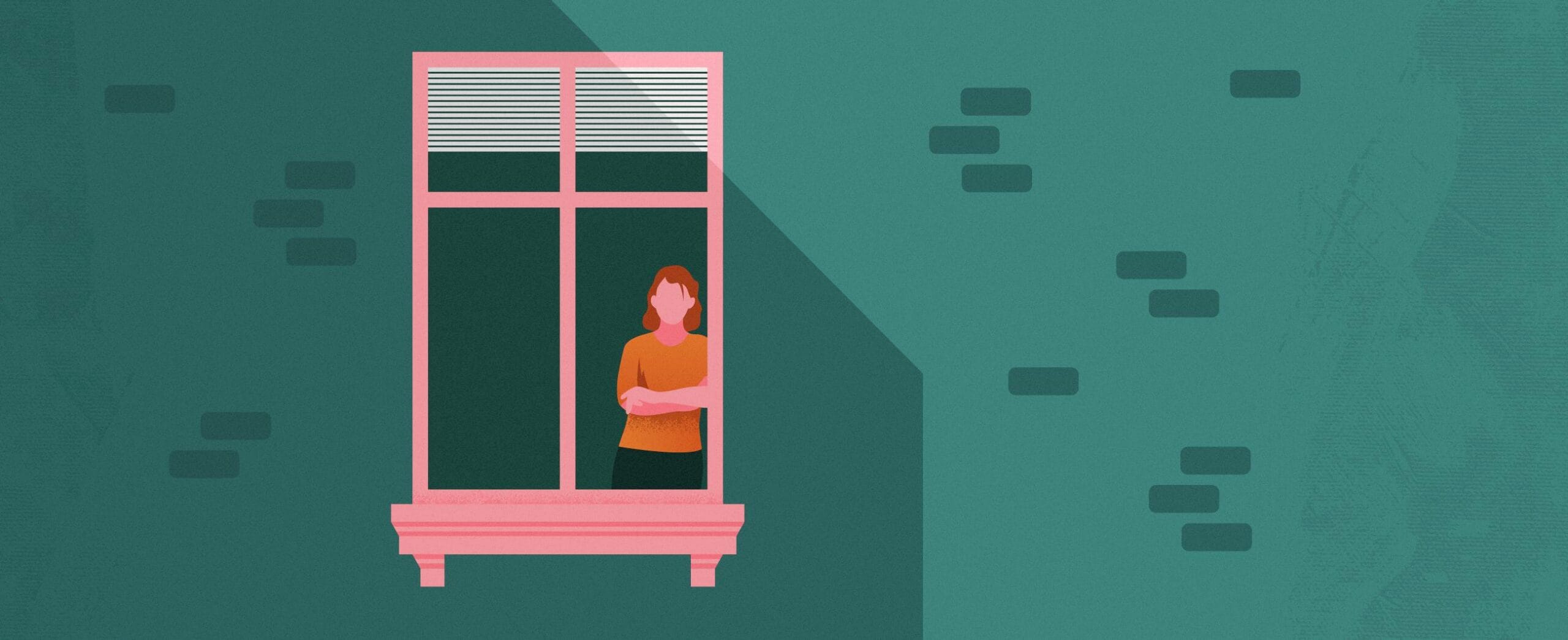 Piirroskuva kerrostalon ikkunasta, jossa näkyy ihmishahmo.