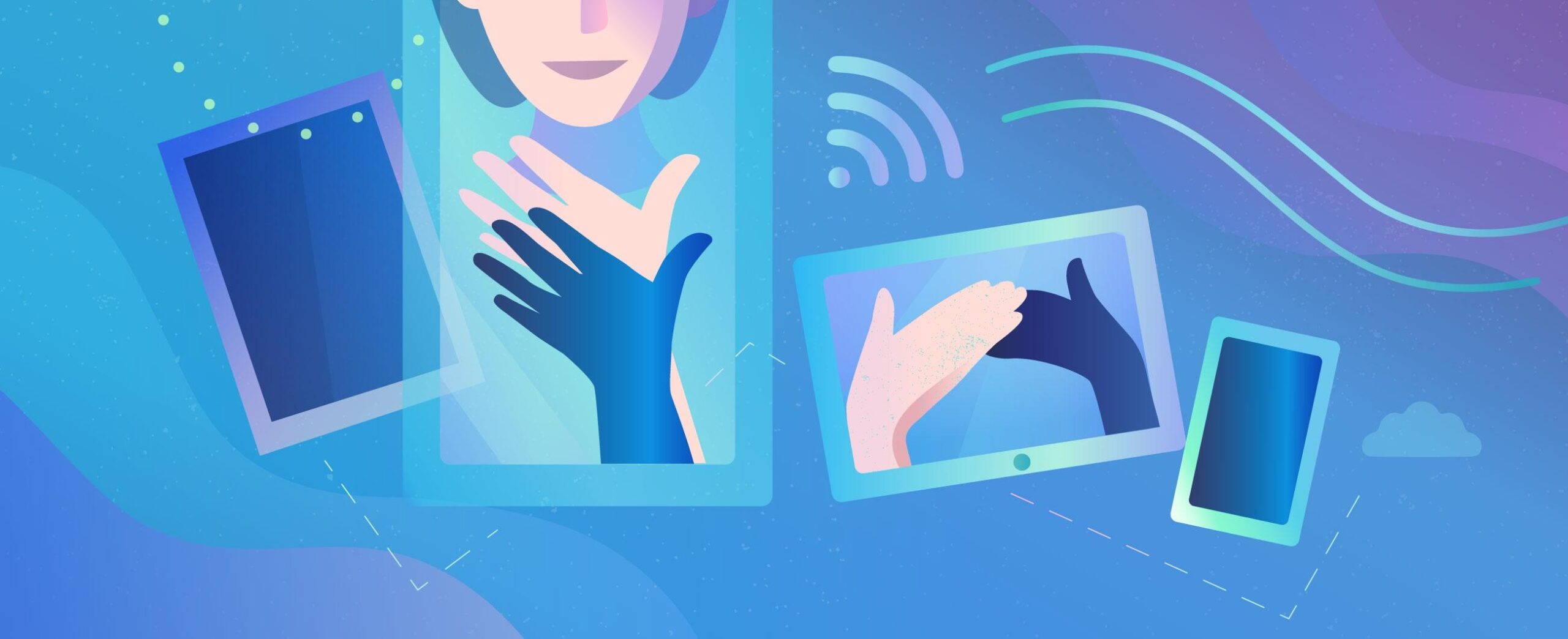 Piirroskuvassa mobiililaitteita joissa näkyy ihmisen naama ja käsiä