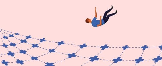 Henkilö tippumassa kuvainnolliseen sotepalveluiden verkkoon.