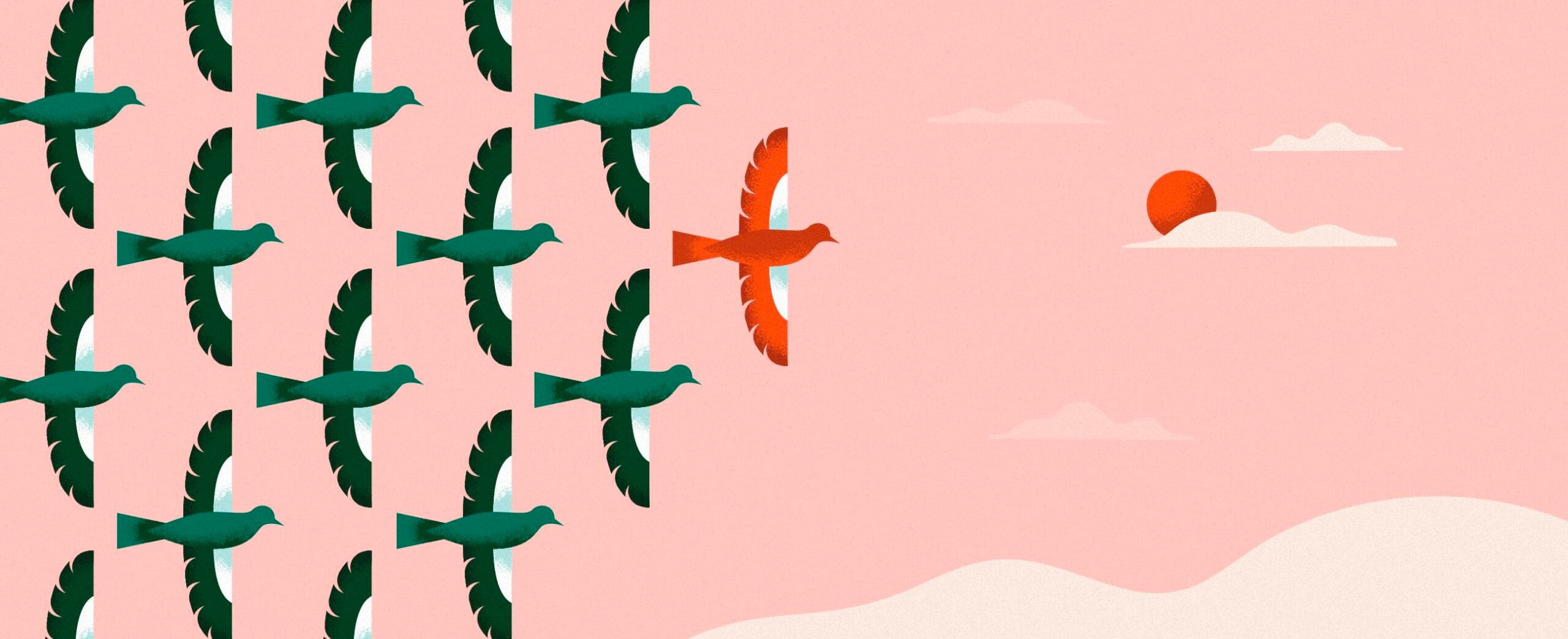 Piirroskuva, jossa vaaleanpunaisella taustalla lintuja lentämässä taivaalla.