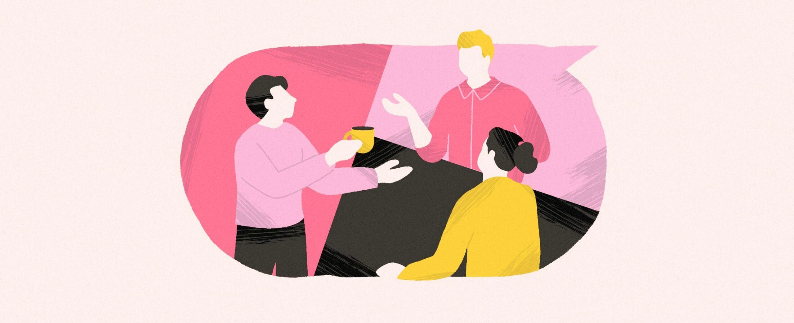 Kuvituskuva, ihmisiä keskustelemassa.