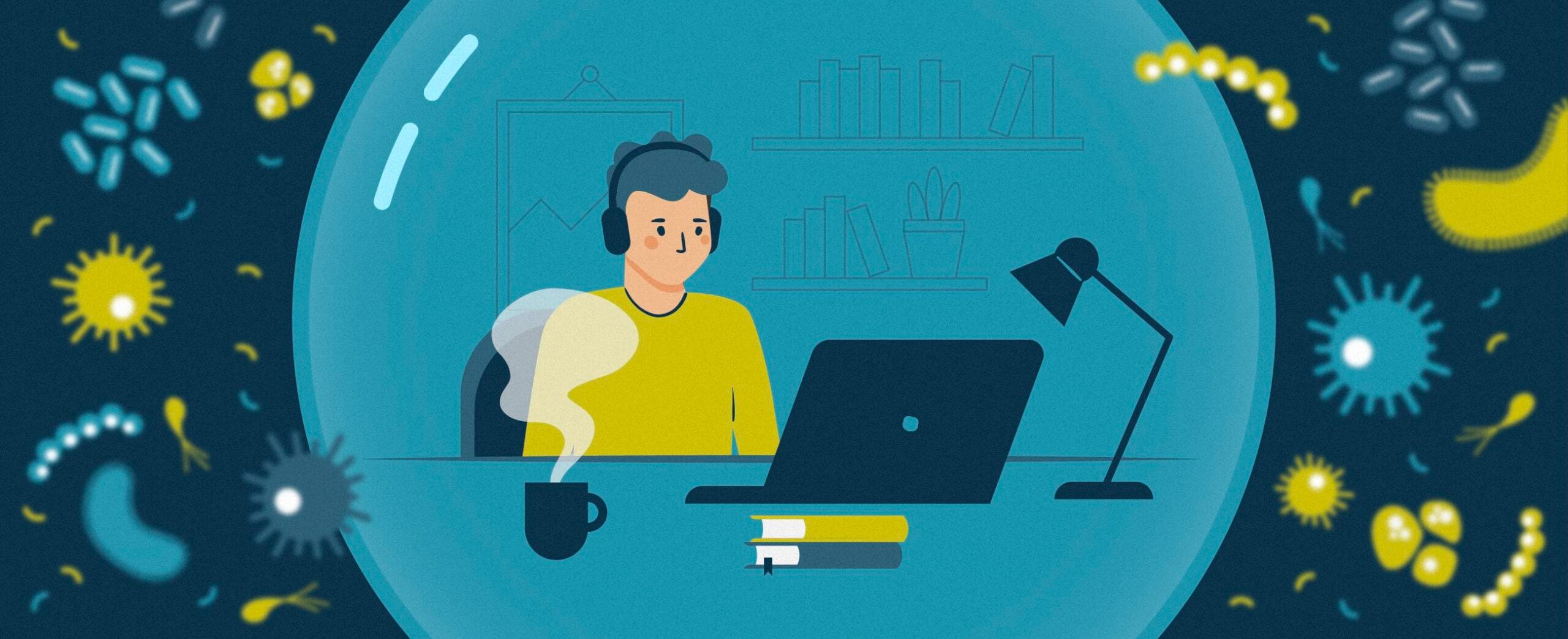 jossa ihmishahmo istuu avatun läppärin edessä. Taustalla muotoja