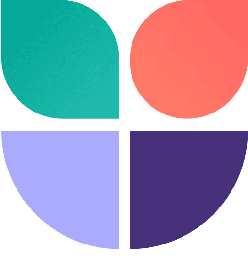 Logo, jossa on neljä värikästä puolikaaren muotoista elementtiä, jotka muodostavat yhdessä ympyrän. Ylävasemmalla vihreä, yläoikealla punainen, alavasemmalla vaaleanvioletti ja alaoikealla tummanvioletti osa.