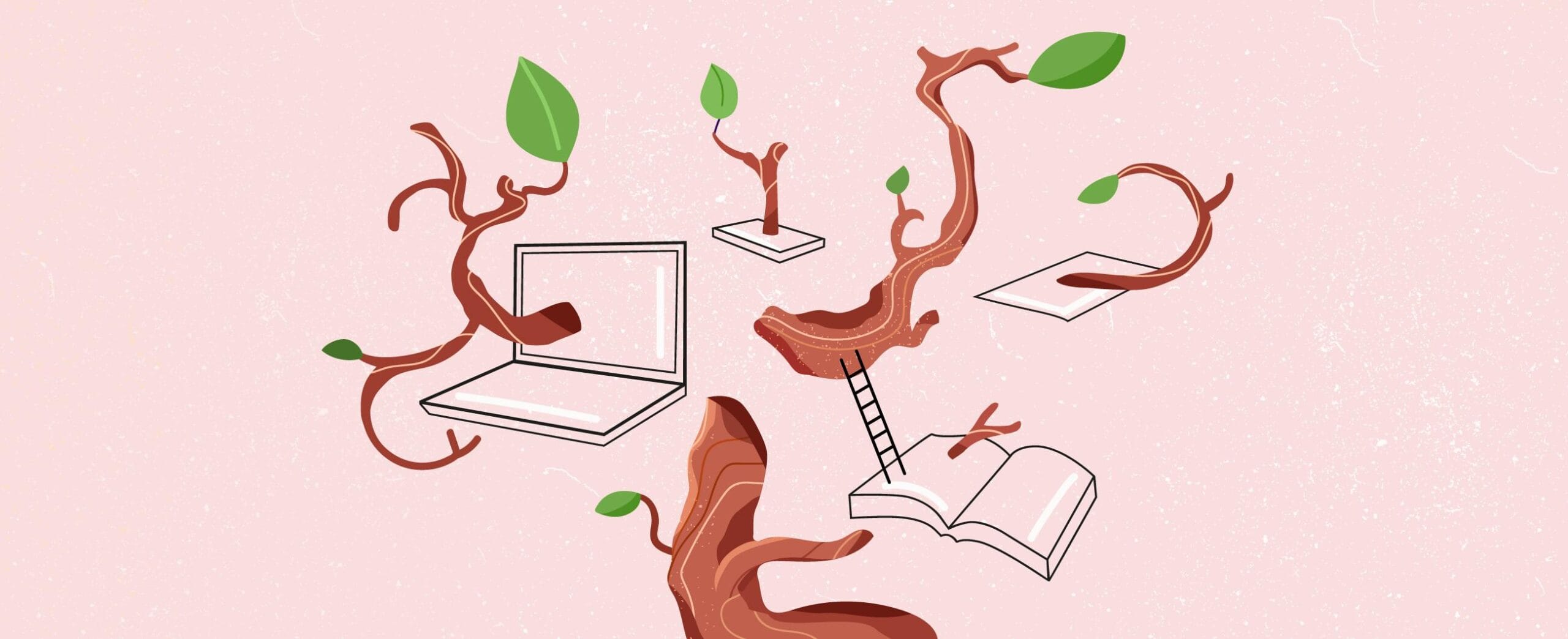 Piirroskuva, jossa tietokoneita ja kirjoja, joista itää puunoksia.