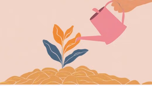 Tekoälyllä tehty piirroskuva, jossa kastelukannulla kaadetaan vettä kukan päälle.