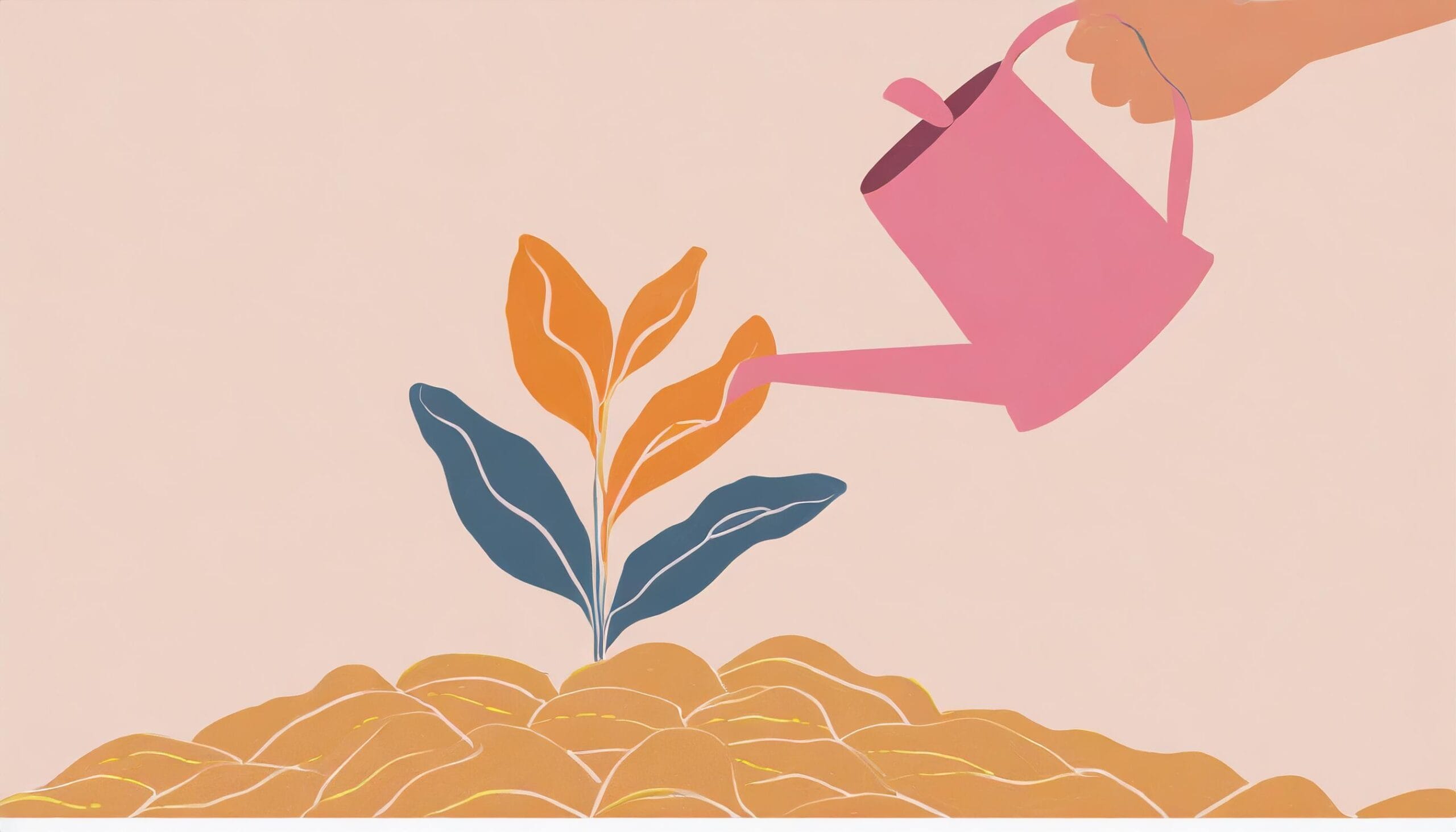 Tekoälyllä tehty piirroskuva, jossa kastelukannulla kaadetaan vettä kukan päälle.