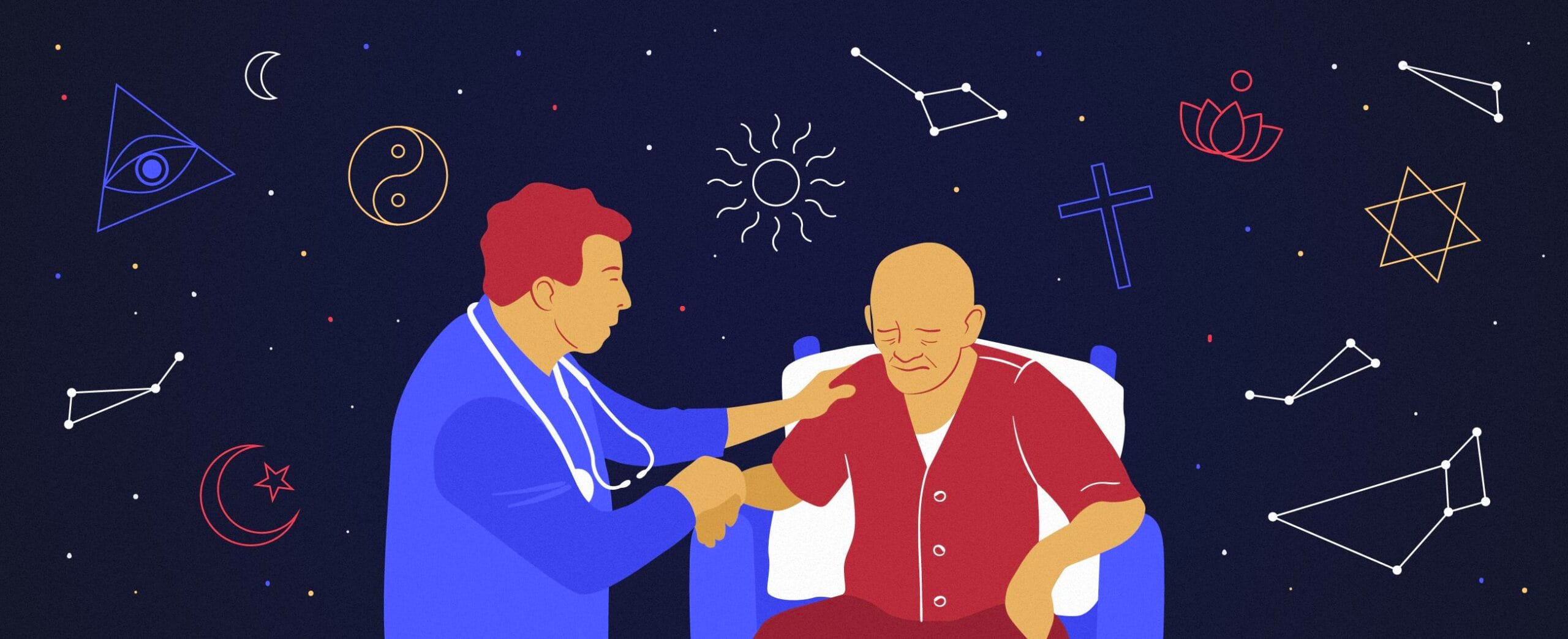 Piirroskuva. Hoitaja tukee vanhaa henkilöä käsivarresta.