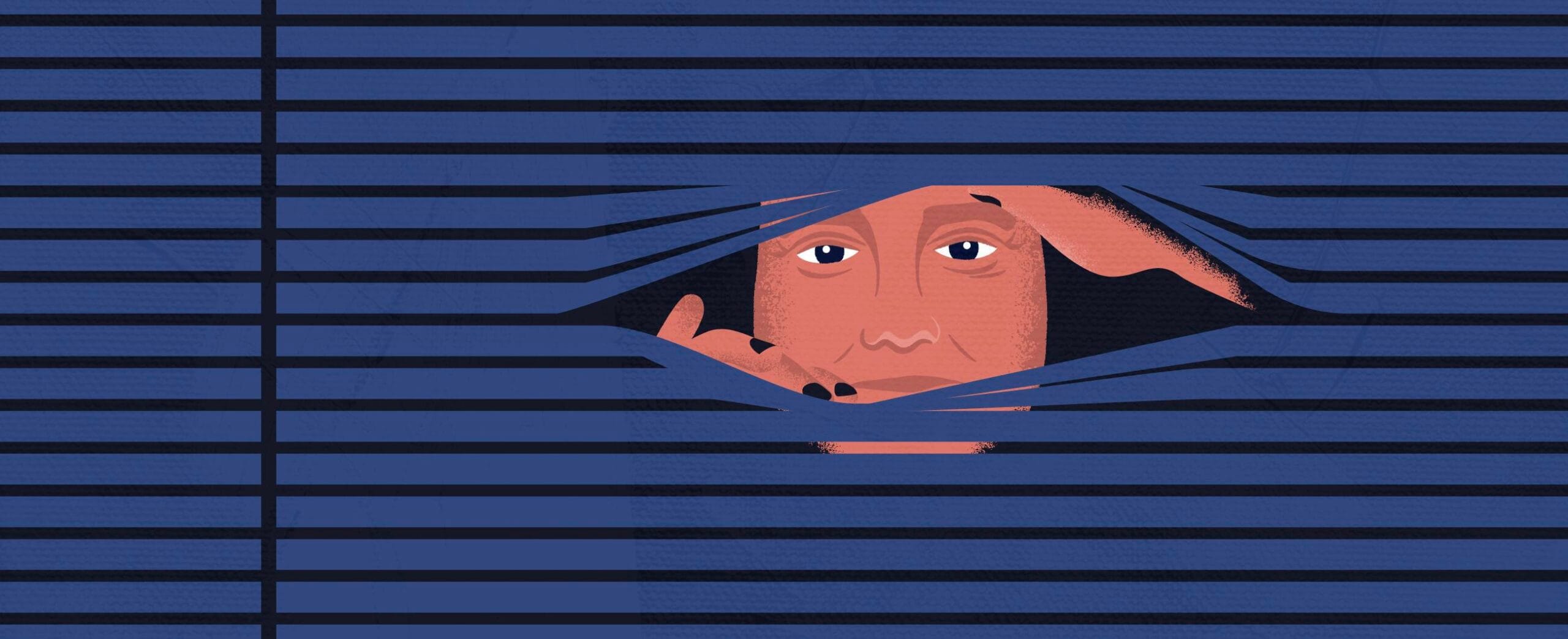 Piirroskuvassa ihminen kurkistaa sälekaihtimien välistä.