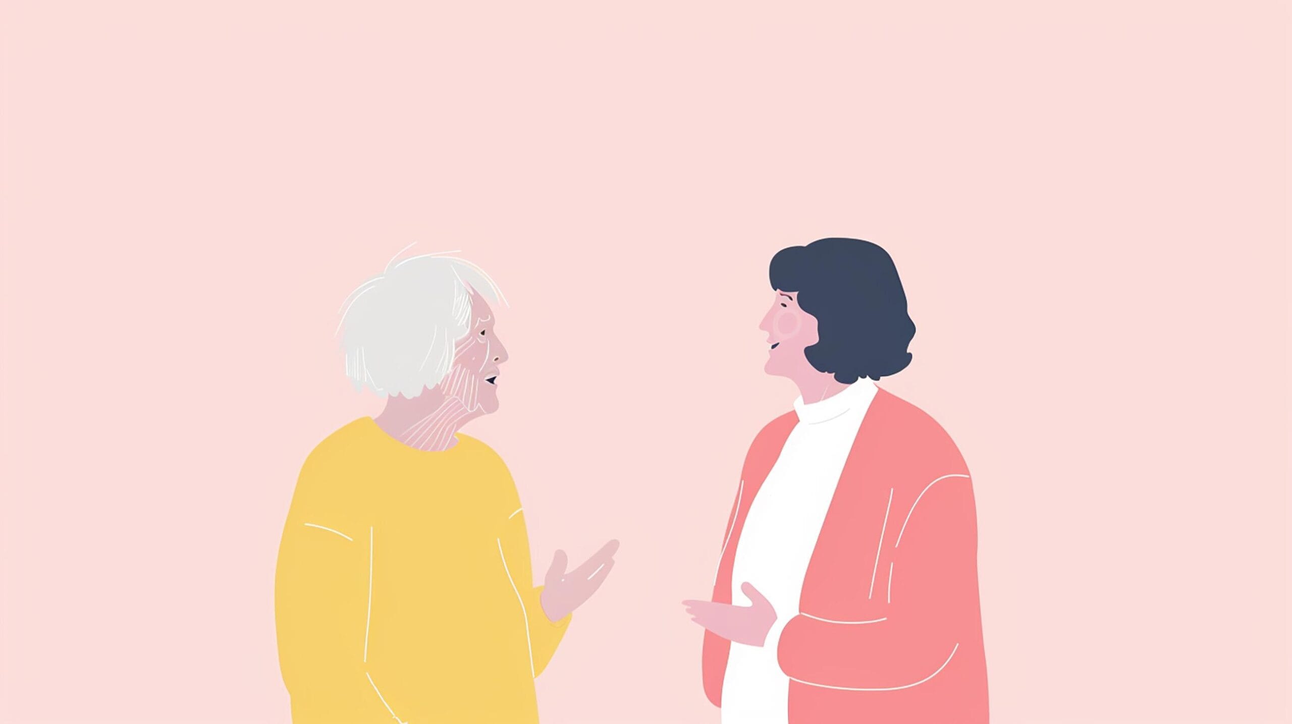 Piirroskuva, jossa ikääntynyt ja nuorempi ihminen keskustelemassa_MidjourneyIkääntynyt ja nuorempi ihminen keskustelemassa_MidjourneyIkääntynyt ja nuorempi ihminen keskustelemassa. Tekoälyllä luotu kuvituskuva.