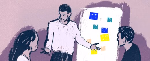 Kuvituskuva, jossa mieshenkilö seisoo ja osoittaa fläppitaulua pöydän ääressä istuville.