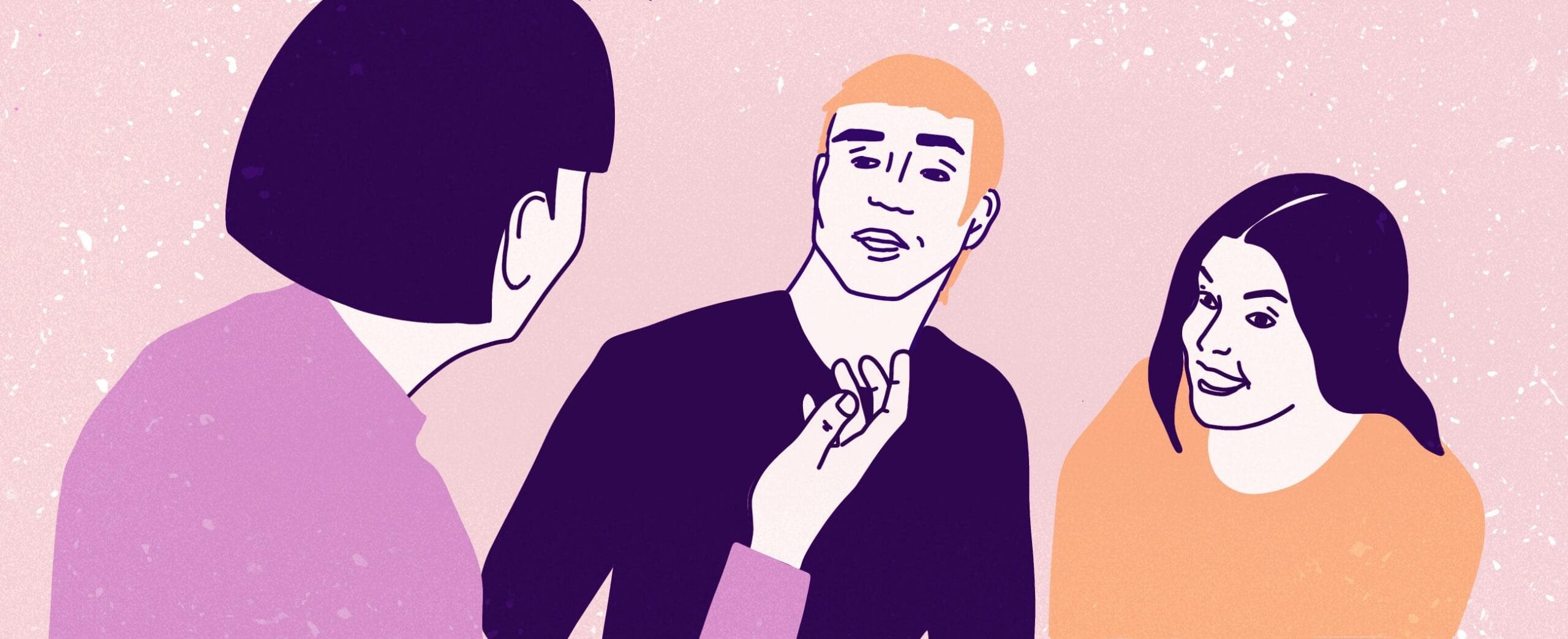 Kolme ihmistä keskustelee, yhdellä on käsi ylempänä.